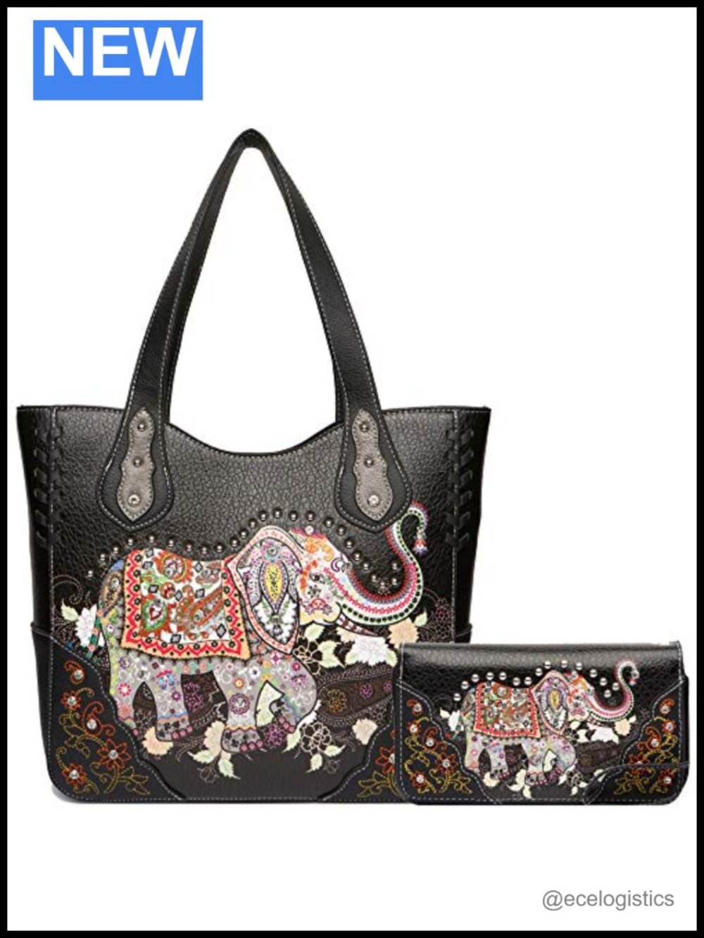 Vegan Leather Elephant Hobo Bag Rhinestone Studded Wallet Set